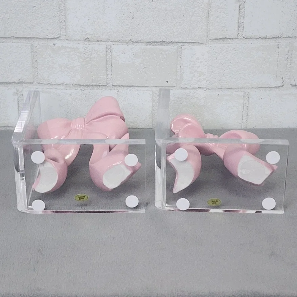 Pink Bow Bookends Coquette Bookend Acrylic Resin Girly Office Nursery 2 Pc Clear
